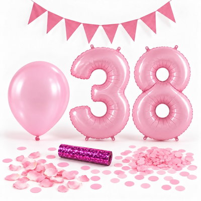 38-års festpaket, Rosa, Stor – paketets dekorationer på vit bakgrund