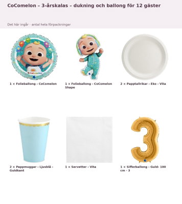 CoComelon – 3-årskalas – dukning och ballong för 12 gäster – innehåll och antal