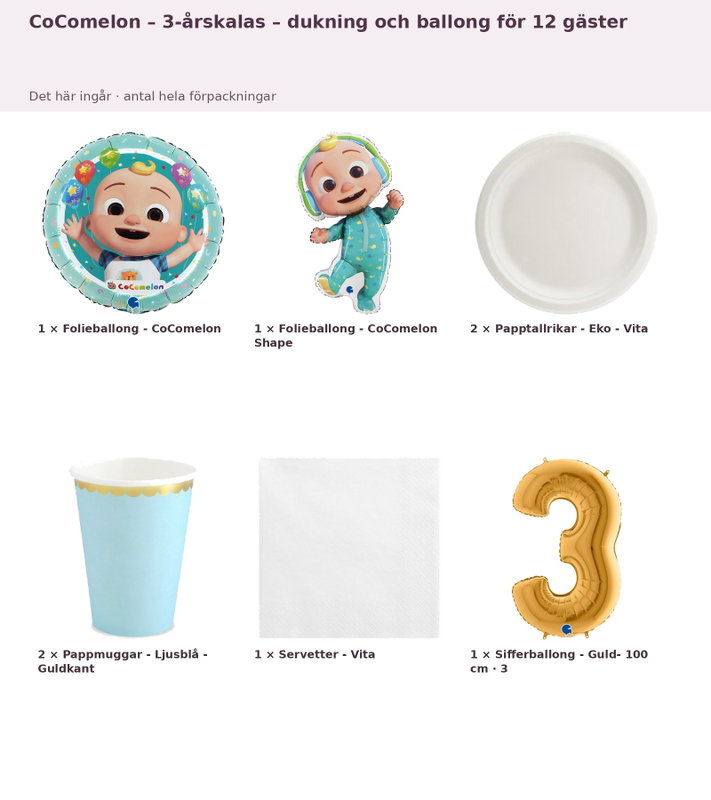 CoComelon – 3-årskalas – dukning och ballong för 12 gäster – innehåll och antal