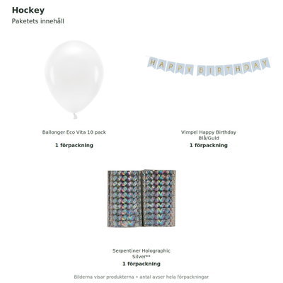 Hockey – dekorationspaket blått/vitt – Bas – innehåll och antal