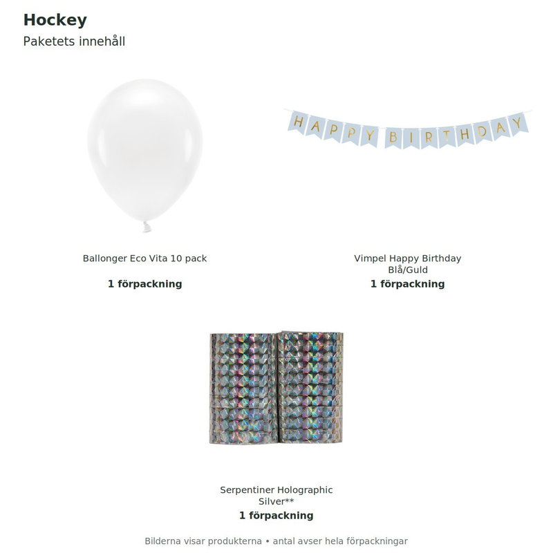 Hockey – dekorationspaket blått/vitt – Bas – innehåll och antal