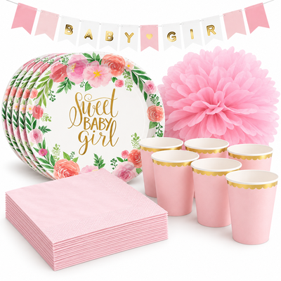 Babyshower flicka – floral och rosa – fikapaket, 6 gäster – samlat paketinnehåll