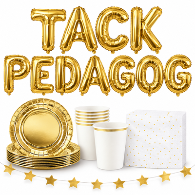 TACK PEDAGOG, 35 cm guld bokstavsballonger med guld dukning