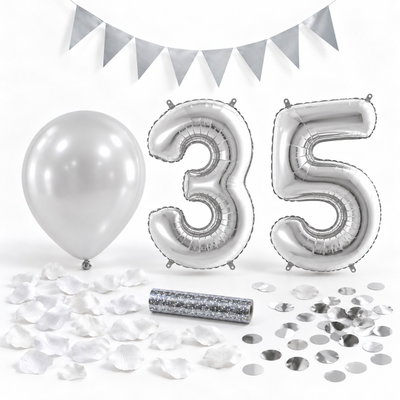 35-års festpaket, Silver, Stor – paketets dekorationer på vit bakgrund