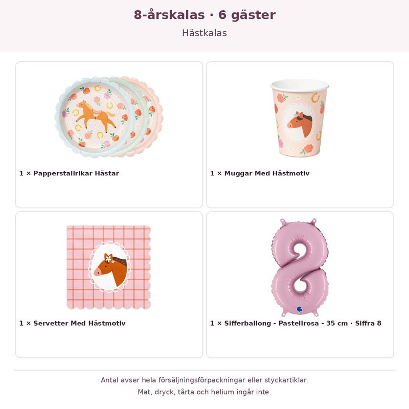 8-årskalas, Hästkalas, kalaspaket, 6 gäster – innehåll och antal förpackningar