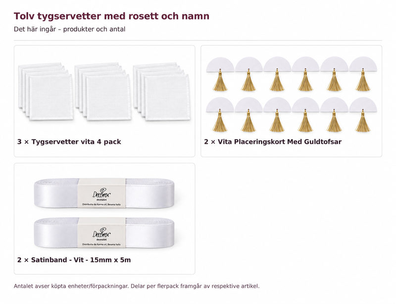 Innehåll och antal: Tolv tygservetter med rosett och namn