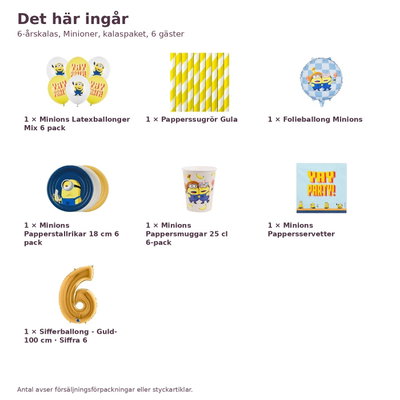 6-årskalas, Minioner, kalaspaket, 6 gäster – innehåll och antal, sifferballong 100 cm