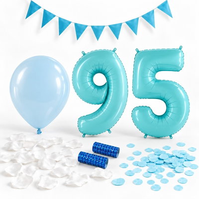 95-års festpaket, Blått, Stor – paketets dekorationer på vit bakgrund
