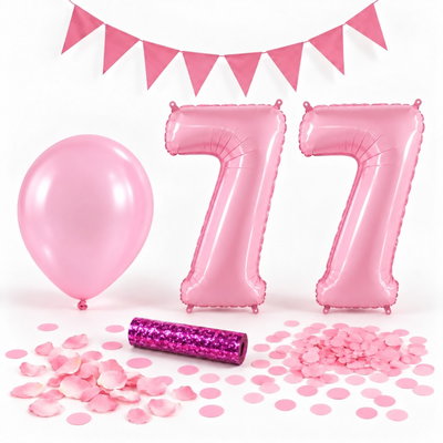 77-års festpaket, Rosa, Stor – paketets dekorationer på vit bakgrund