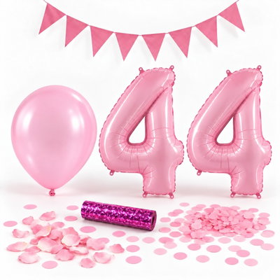 44-års festpaket, Rosa, Stor – paketets dekorationer på vit bakgrund