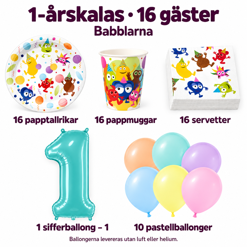 1-årskalas, Babblarna, kalaspaket, 16 gäster – innehåll och antal