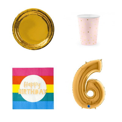 6-årskalas, Regnbåge, kalaspaket, 6 gäster – paketets produkter med sifferballong 100 cm
