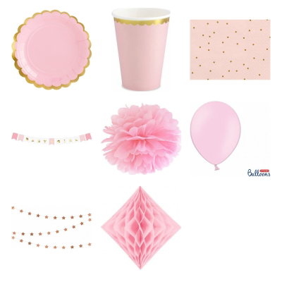 Babyshower flicka – rosa och guld – fika och dekorationer, 12 gäster – produktöversikt