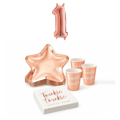 1-årskalas, Twinkle, kalaspaket, 8 gäster – sammansatt bild av paketets produkter