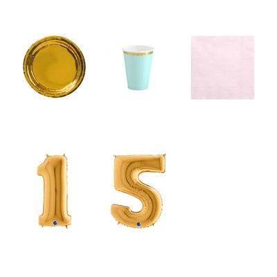 15-årskalas, Mint, rosa och guld, kalaspaket, 6 gäster – paketets produkter med sifferballong 100 cm