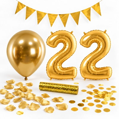 22-års festpaket, Guld, Stor – paketets dekorationer på vit bakgrund