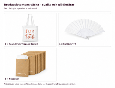 Innehåll och antal: Brudassistentens väska – svalka och glädjetårar