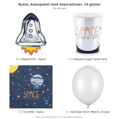 Rymd, kalaspaket med dekorationer, 16 gäster – innehåll och antal förpackningar