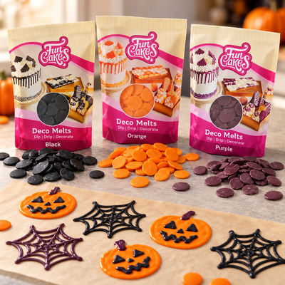 Deco Melts i svart, orange och mörklila med Halloween-dekorationer