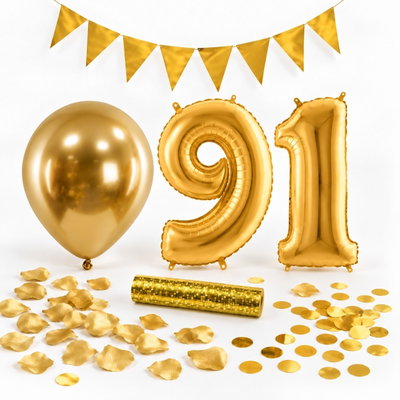 91-års festpaket, Guld, Stor – paketets dekorationer på vit bakgrund
