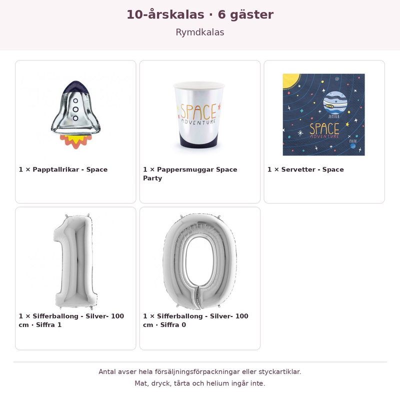 10-årskalas, Rymdkalas, kalaspaket, 6 gäster – innehåll och antal förpackningar