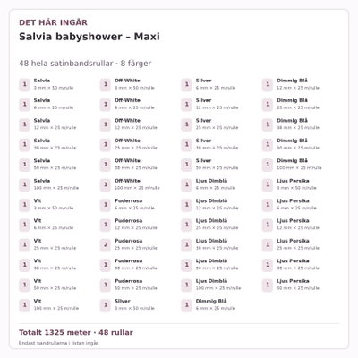 Det här ingår – Satinbandspaket – Salvia babyshower – Maxi – 48 rullar