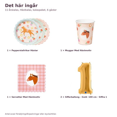11-årskalas, Hästkalas, kalaspaket, 6 gäster – innehåll och antal, sifferballong 100 cm