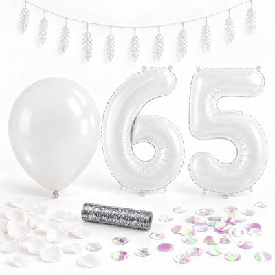 65-års festpaket, Vitt, Stor – paketets dekorationer på vit bakgrund