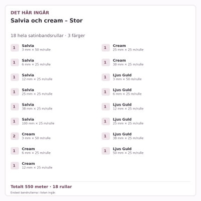 Det här ingår – Satinbandspaket – Salvia och cream – Stor – 18 rullar