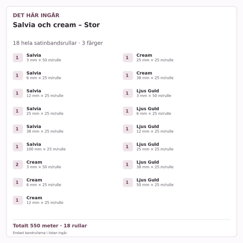 Det här ingår – Satinbandspaket – Salvia och cream – Stor – 18 rullar