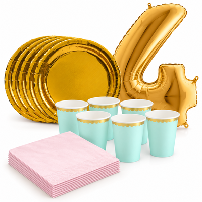 4-årskalas, Mint, rosa och guld, kalaspaket, 6 gäster – samlat paketinnehåll