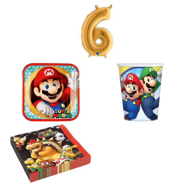 6-årskalas, Super Mario, kalaspaket, 8 gäster – sammansatt produktbild