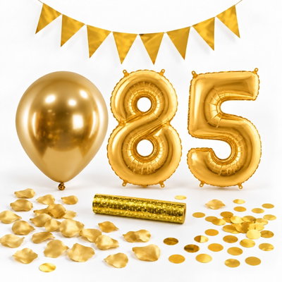85-års festpaket, Guld, Stor – paketets dekorationer på vit bakgrund
