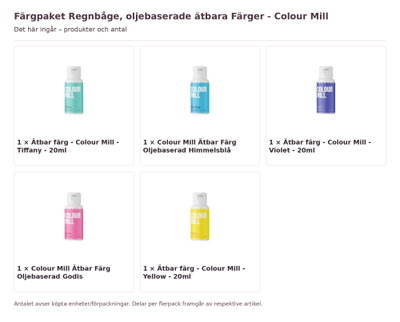 Färgpaket Regnbåge, oljebaserade ätbara Färger - Colour Mill – innehåll och antal förpackningar
