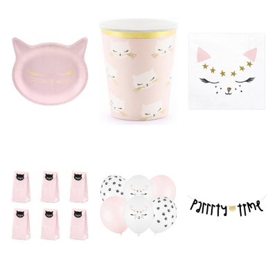 Cute Cat-kalas, kalaspaket med dekorationer, 16 gäster – översikt av ingående produkttyper
