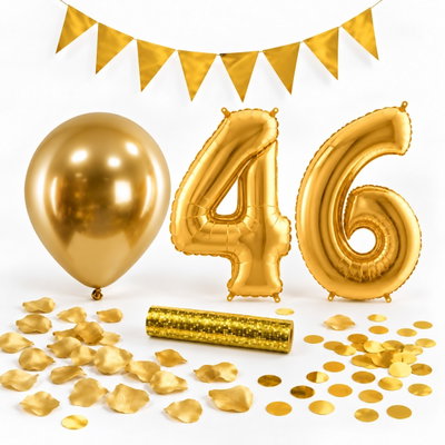 46-års festpaket, Guld, Stor – paketets dekorationer på vit bakgrund