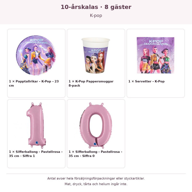 10-årskalas, K-pop, kalaspaket, 8 gäster – innehåll och antal förpackningar