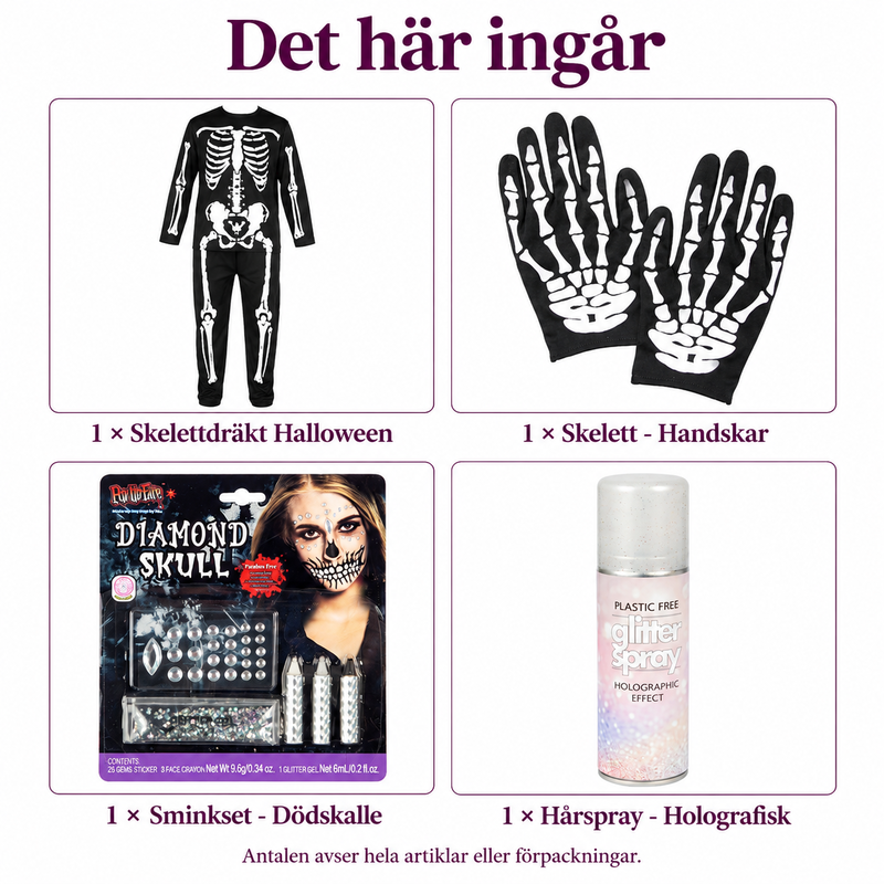 Det här ingår i Glitterskelett – dräkt i L med handskar och dödskallesmink