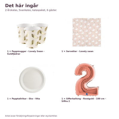 2-årskalas, Svankalas, kalaspaket, 6 gäster – innehåll och antal, sifferballong 100 cm