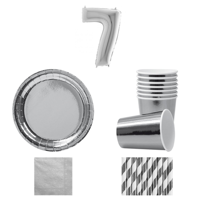 7-årskalas, Silver, kalaspaket, 8 gäster – sammansatt bild av paketets produkter
