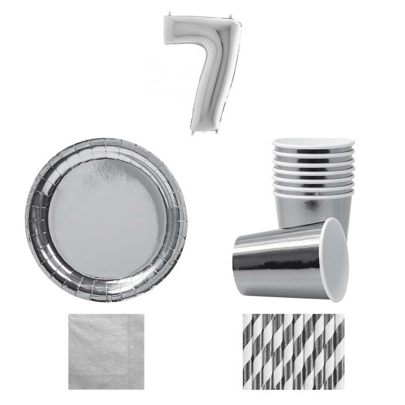 7-årskalas, Silver, kalaspaket, 8 gäster – sammansatt bild av paketets produkter
