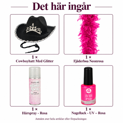 Det här ingår i Cowboycabaret – vuxenhatt med glitter, rosa boa och festfinish
