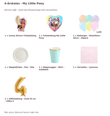 4-årskalas, My Little Pony, kalaspaket, 6 gäster – innehåll och antal förpackningar