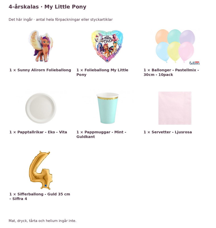 4-årskalas, My Little Pony, kalaspaket, 6 gäster – innehåll och antal förpackningar