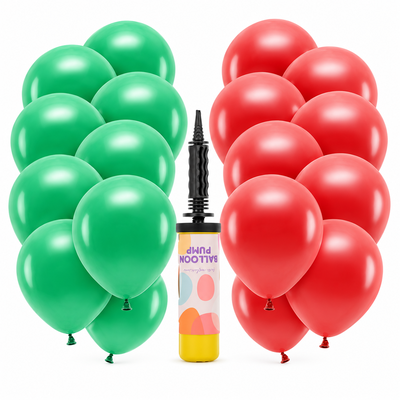 Julens ballongklasar – tjugo röda och gröna ballonger – samlat paketinnehåll