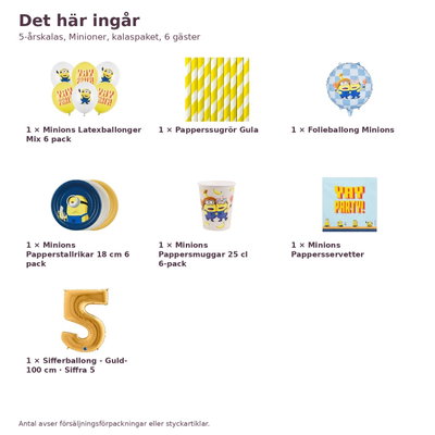 5-årskalas, Minioner, kalaspaket, 6 gäster – innehåll och antal, sifferballong 100 cm