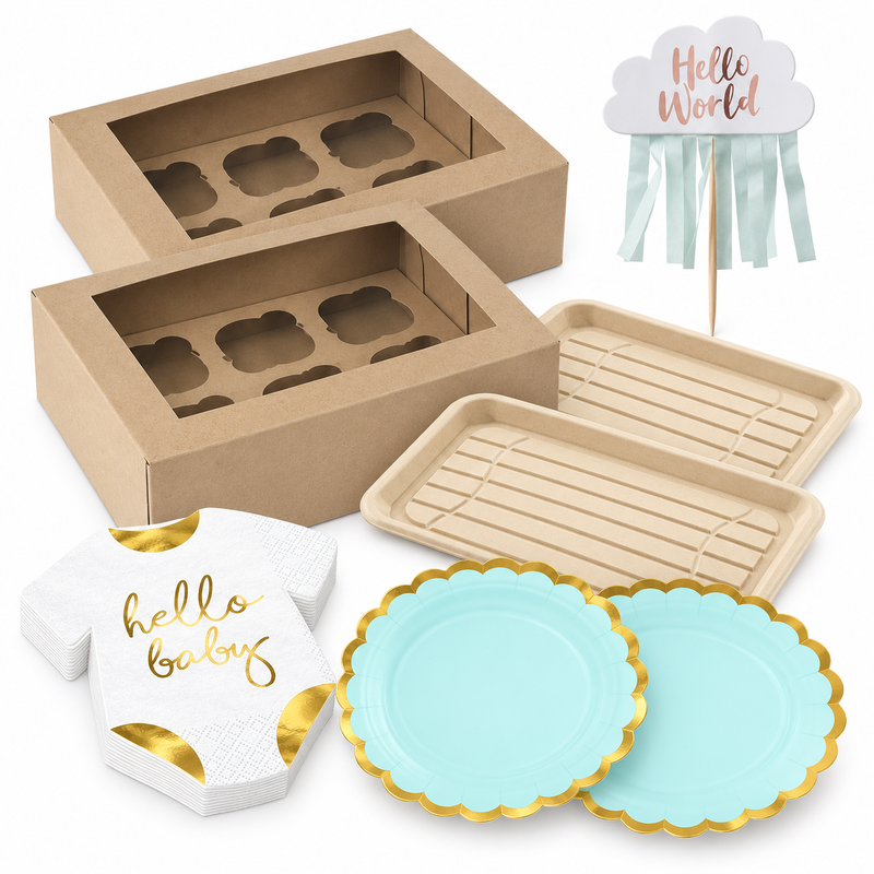 Hello Baby – cupcakebord med två transportlådor