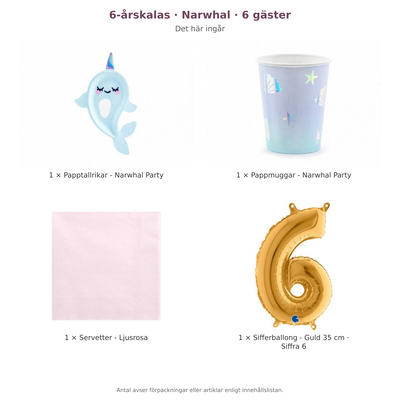 6-årskalas, Narwhal, kalaspaket, 6 gäster – innehåll och antal förpackningar