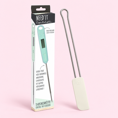 Tempereringsredskap – termometer och silikonspatel – samlingsbild av ingående produkter.
