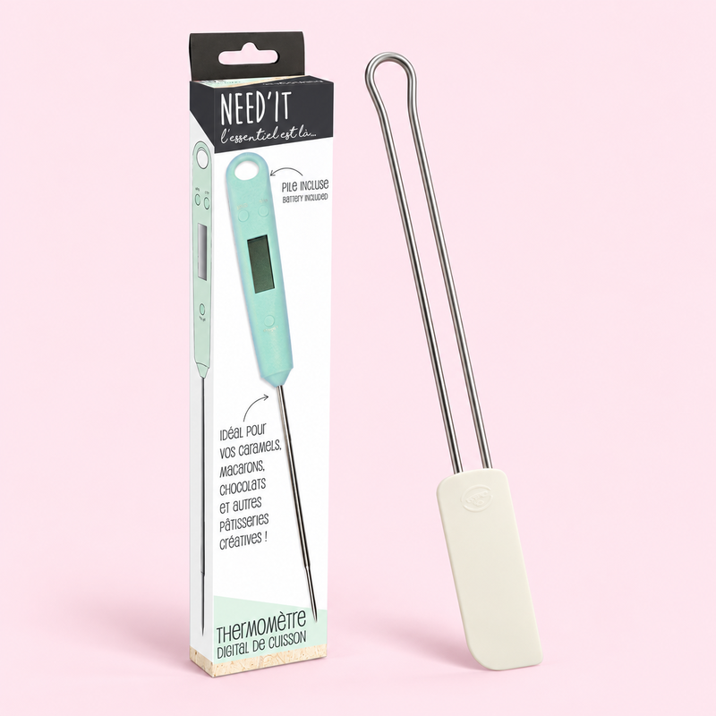 Tempereringsredskap – termometer och silikonspatel – samlingsbild av ingående produkter.